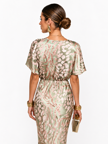 Damen Midikleid mit V-Ausschnitt, Kurzarm und Taillenknoten-Midi Dress-Alpenkind