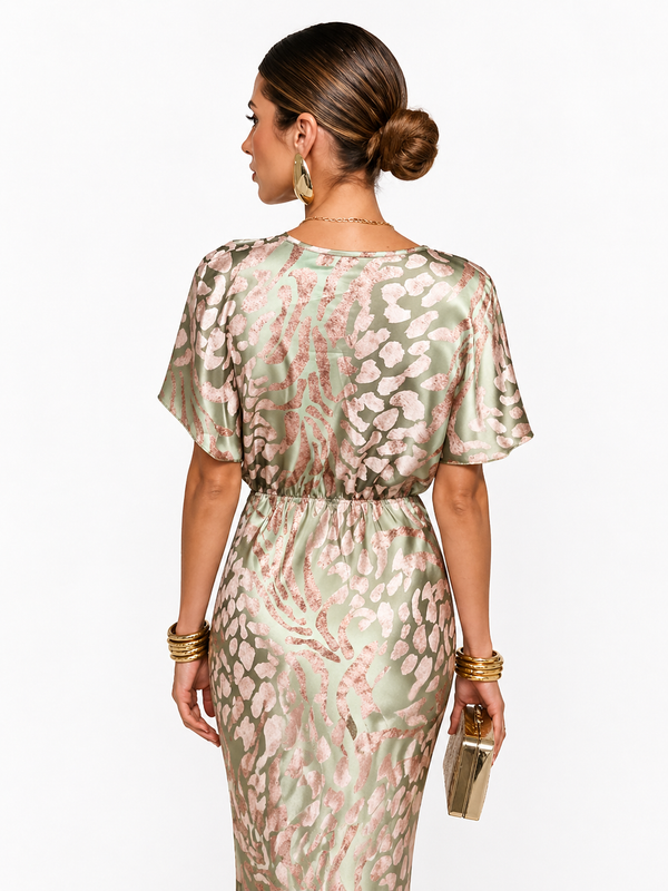 Damen Midikleid mit V-Ausschnitt, Kurzarm und Taillenknoten-Midi Dress-Alpenkind