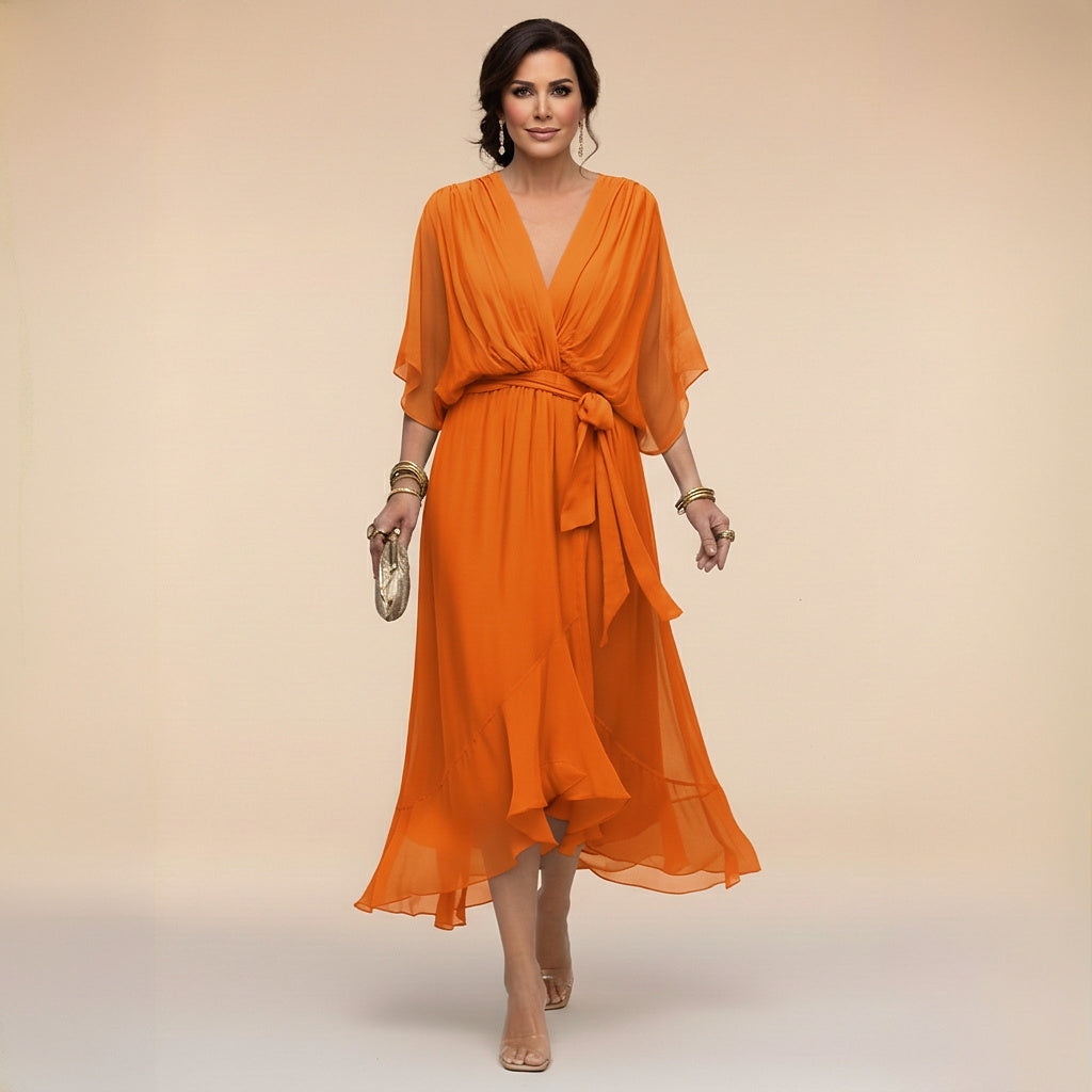 Damen-Midikleid mit V-Ausschnitt und Bindegürtel-Midi Dress-Alpenkind