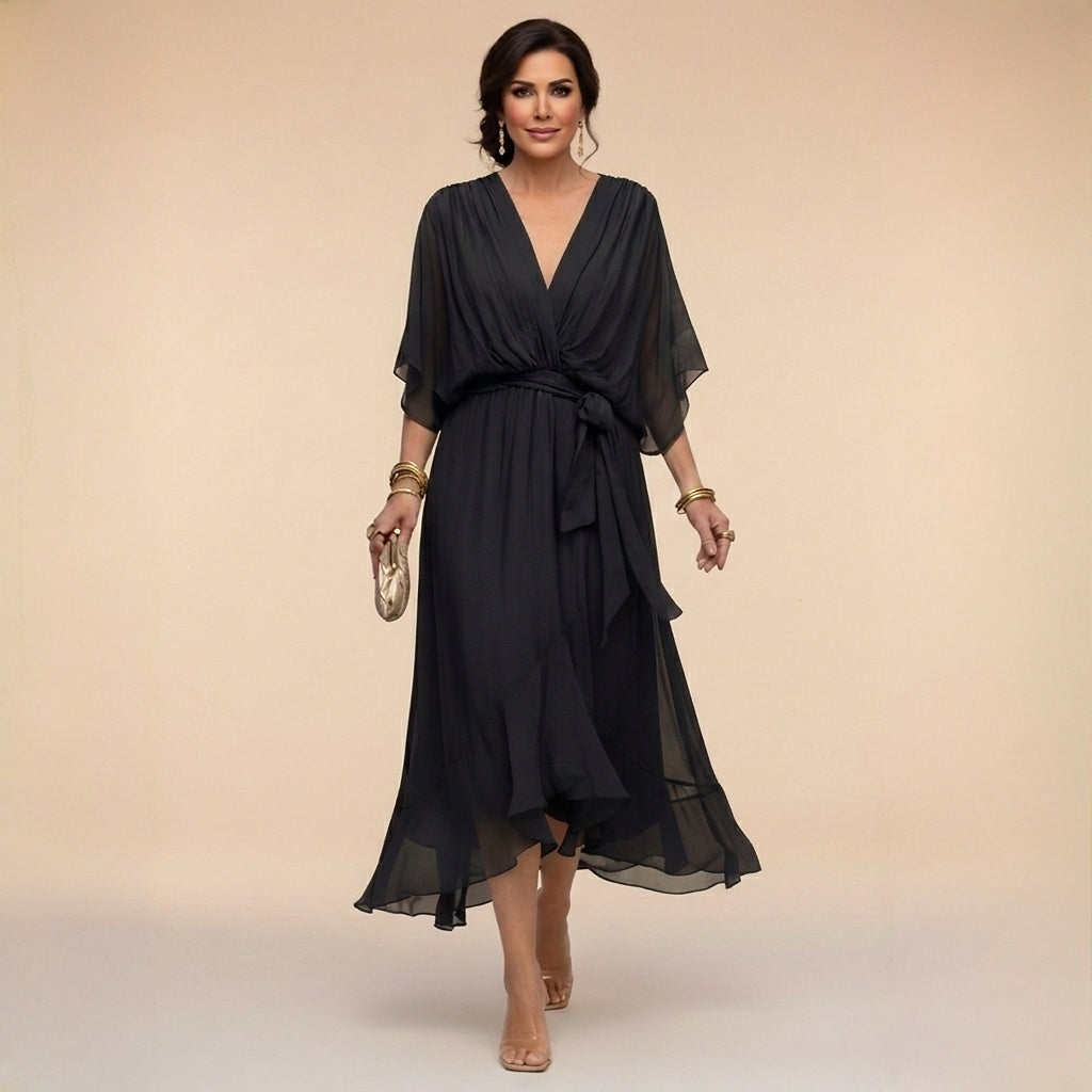 Damen-Midikleid mit V-Ausschnitt und Bindegürtel-Midi Dress-Alpenkind