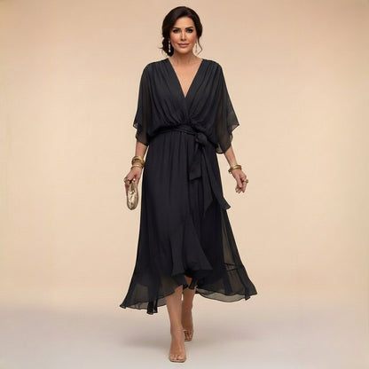 Damen-Midikleid mit V-Ausschnitt und Bindegürtel-Midi Dress-Alpenkind