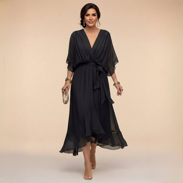 Damen-Midikleid mit V-Ausschnitt und Bindegürtel-Midi Dress-Alpenkind