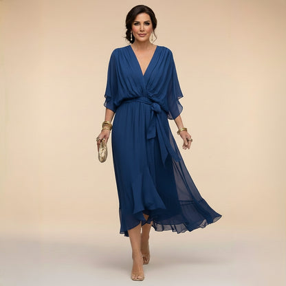 Damen-Midikleid mit V-Ausschnitt und Bindegürtel-Midi Dress-Alpenkind