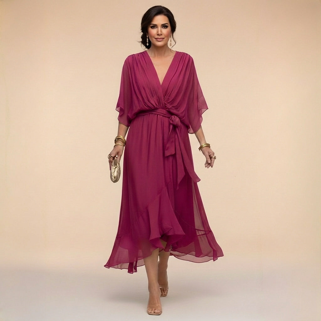 Damen-Midikleid mit V-Ausschnitt und Bindegürtel-Midi Dress-Alpenkind