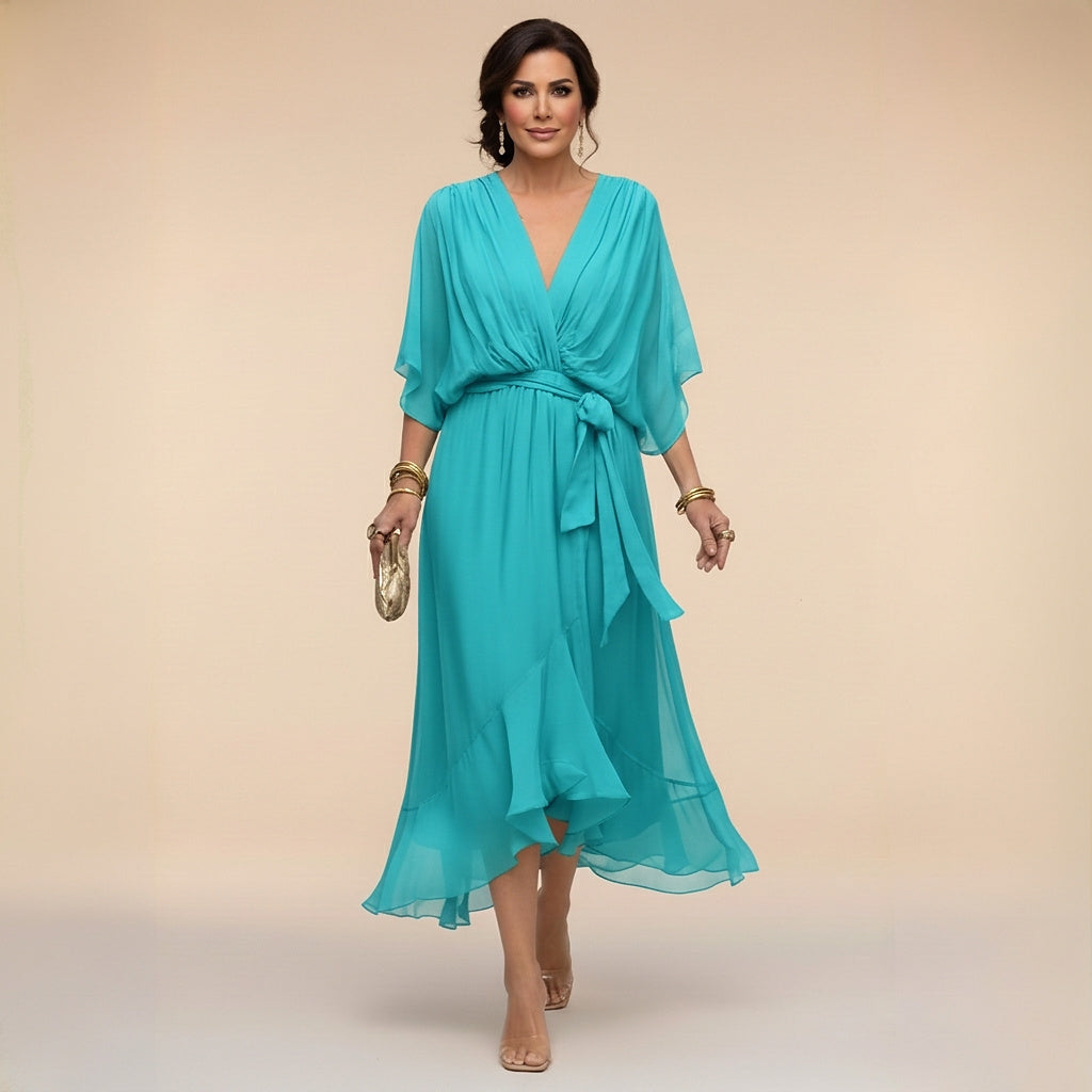 Damen-Midikleid mit V-Ausschnitt und Bindegürtel-Midi Dress-Alpenkind