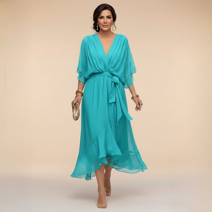 Damen-Midikleid mit V-Ausschnitt und Bindegürtel-Midi Dress-Alpenkind