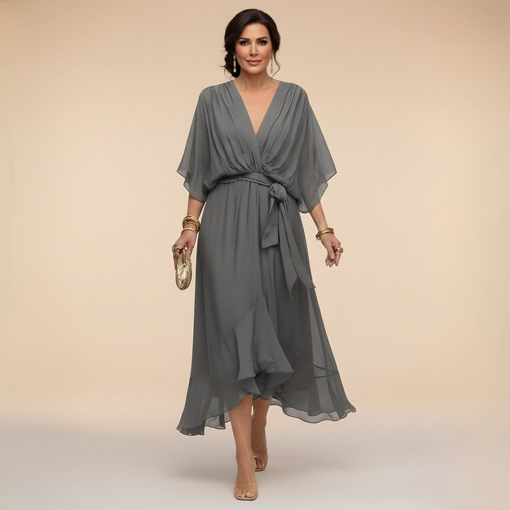 Damen-Midikleid mit V-Ausschnitt und Bindegürtel-Midi Dress-Alpenkind