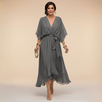 Damen-Midikleid mit V-Ausschnitt und Bindegürtel-Midi Dress-Alpenkind