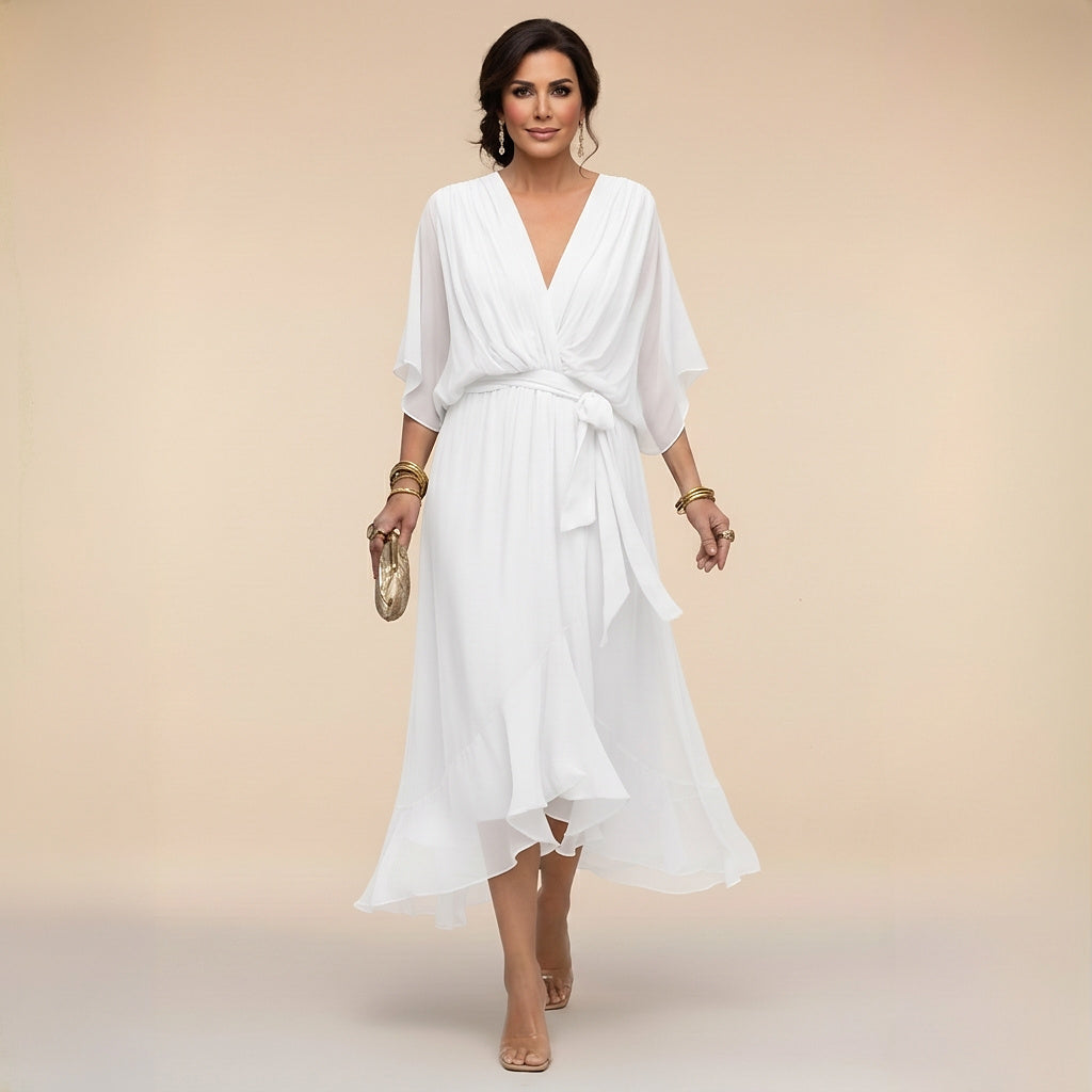 Damen-Midikleid mit V-Ausschnitt und Bindegürtel-Midi Dress-Alpenkind