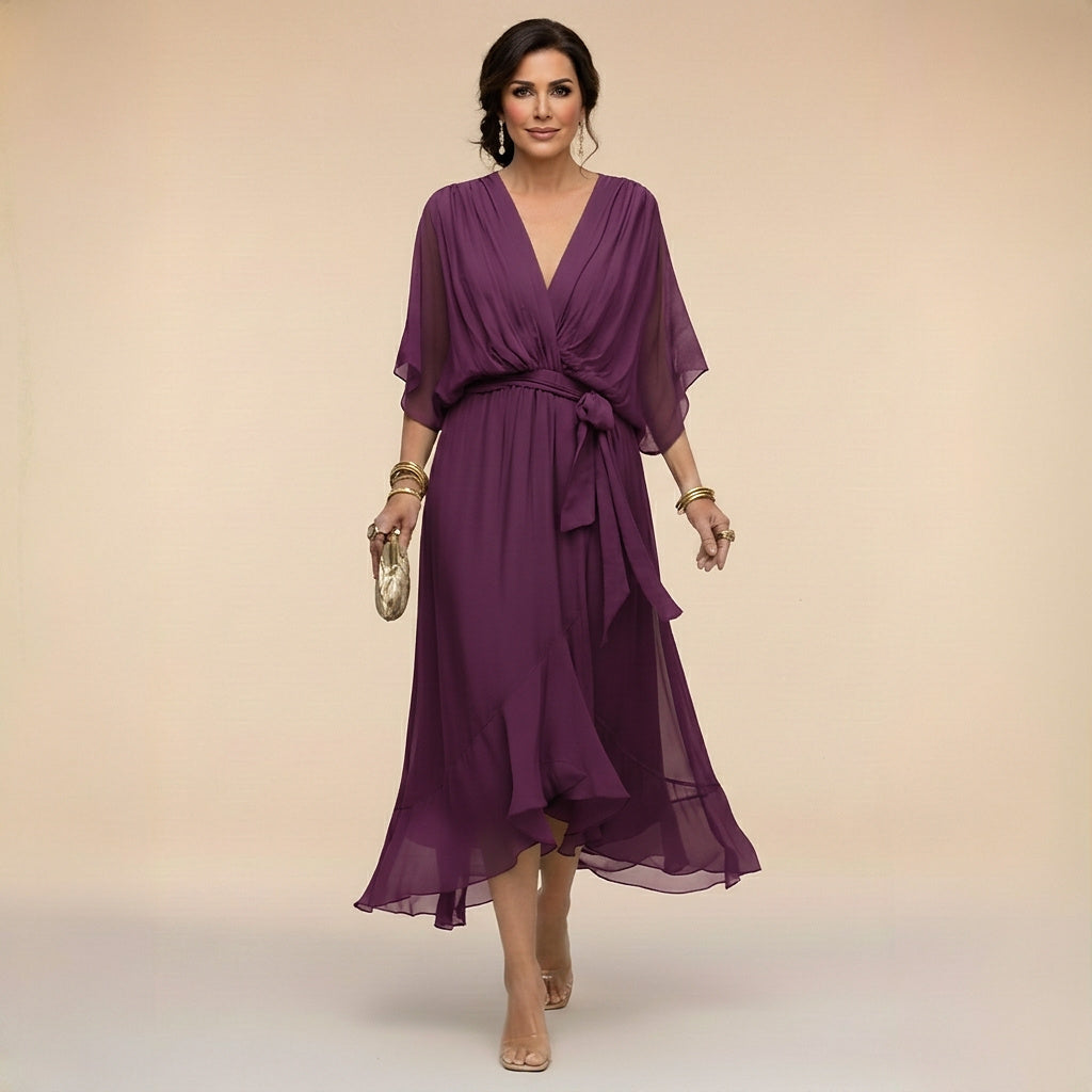 Damen-Midikleid mit V-Ausschnitt und Bindegürtel-Midi Dress-Alpenkind