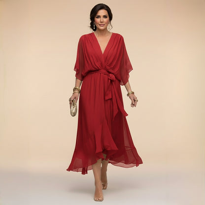 Damen-Midikleid mit V-Ausschnitt und Bindegürtel-Midi Dress-Alpenkind