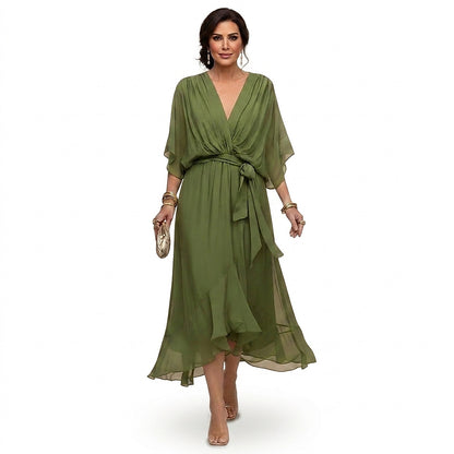 Damen-Midikleid mit V-Ausschnitt und Bindegürtel-Midi Dress-Alpenkind