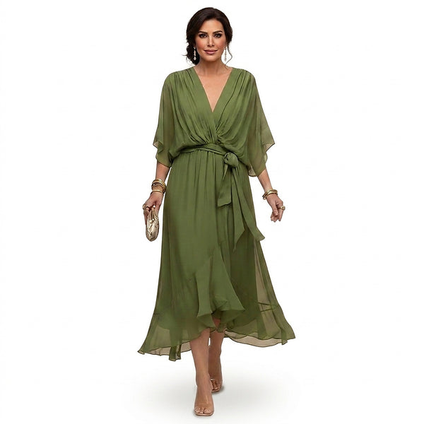 Damen-Midikleid mit V-Ausschnitt und Bindegürtel-Midi Dress-Alpenkind