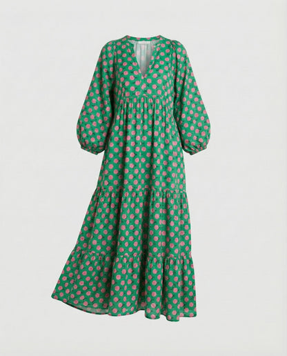 Damen Midikleid mit V-Ausschnitt und gestufter Struktur-Midi Dress-Alpenkind
