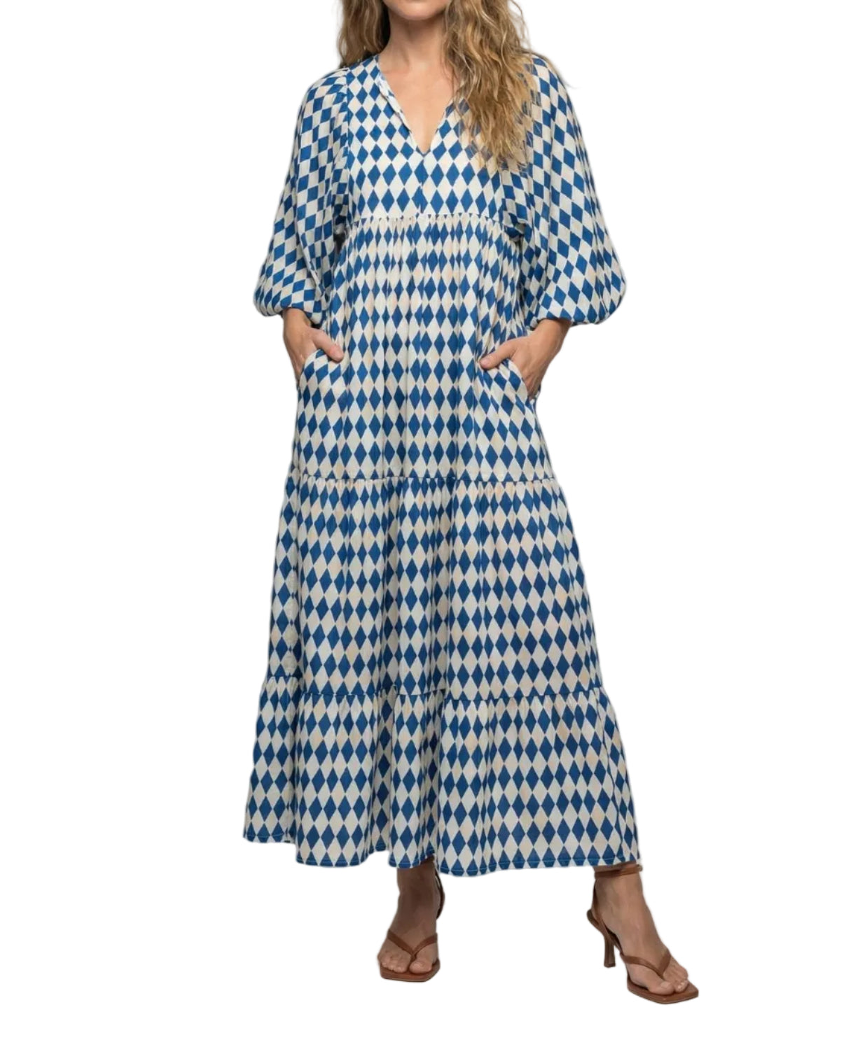 Damen Midikleid mit V-Ausschnitt und gestufter Struktur-Midi Dress-Alpenkind