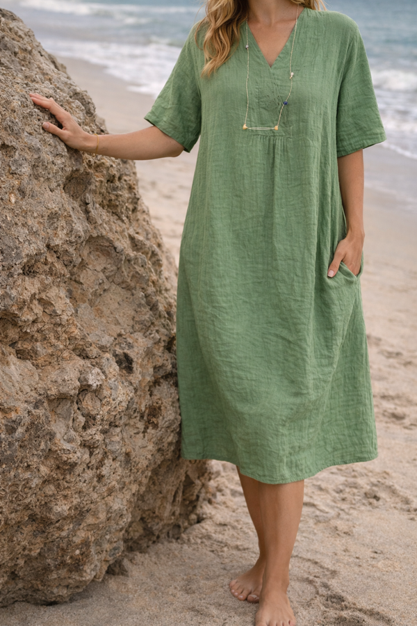 Damen-Midikleid mit V-Ausschnitt und Seitentaschen-Midi Dress-Alpenkind