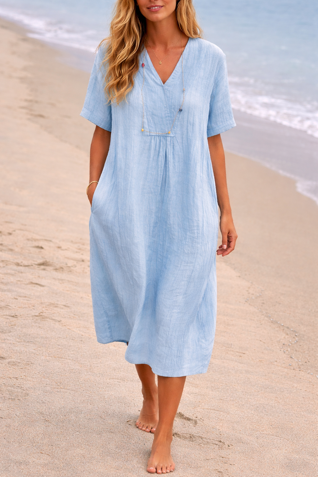 Damen-Midikleid mit V-Ausschnitt und Seitentaschen-Midi Dress-Alpenkind