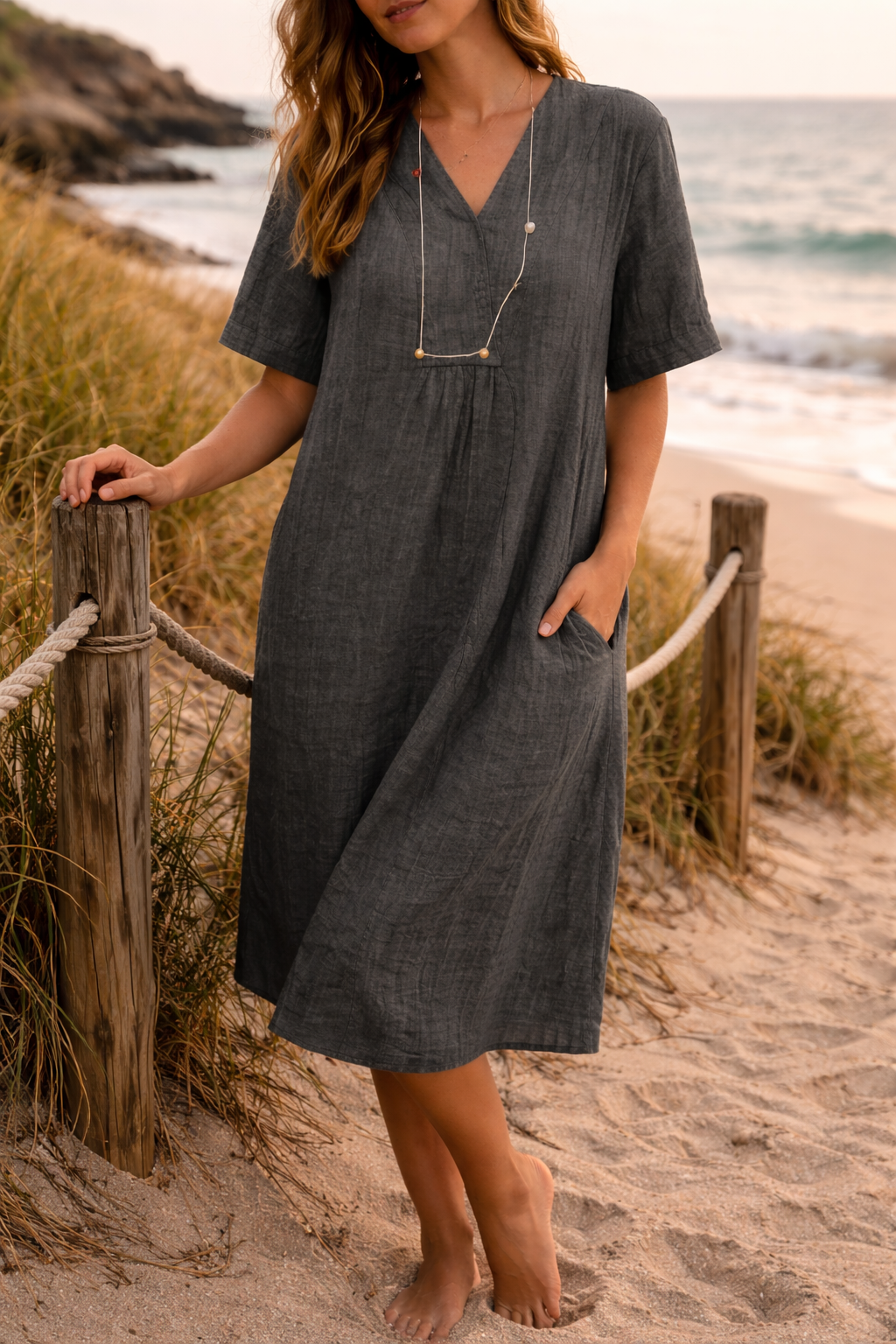 Damen-Midikleid mit V-Ausschnitt und Seitentaschen-Midi Dress-Alpenkind