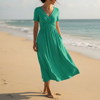 Damen-Midikleid mit V-Ausschnitt und Wickeloptik-Midi Dress-Alpenkind