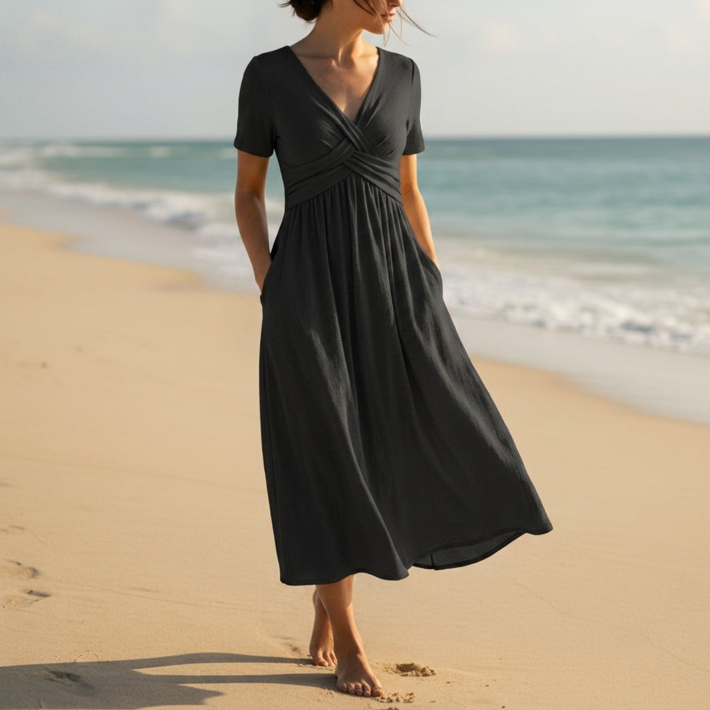 Damen-Midikleid mit V-Ausschnitt und Wickeloptik-Midi Dress-Alpenkind