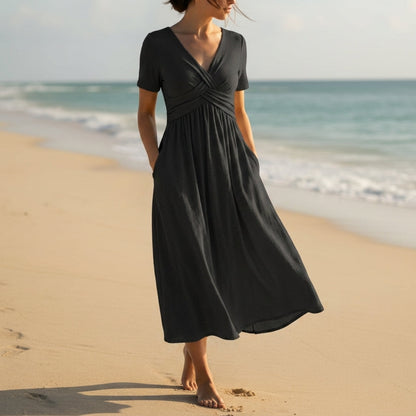 Damen-Midikleid mit V-Ausschnitt und Wickeloptik-Midi Dress-Alpenkind