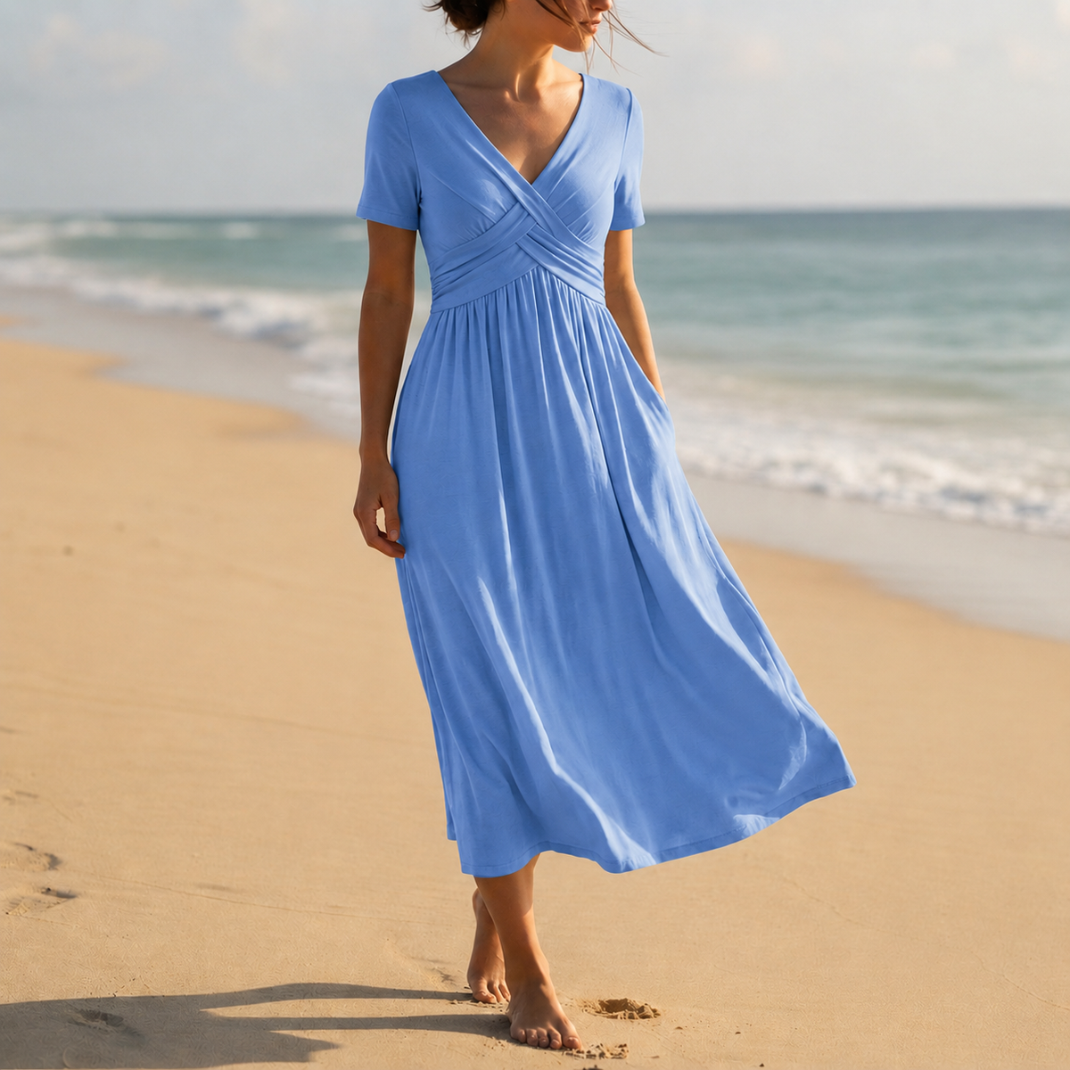 Damen-Midikleid mit V-Ausschnitt und Wickeloptik-Midi Dress-Alpenkind