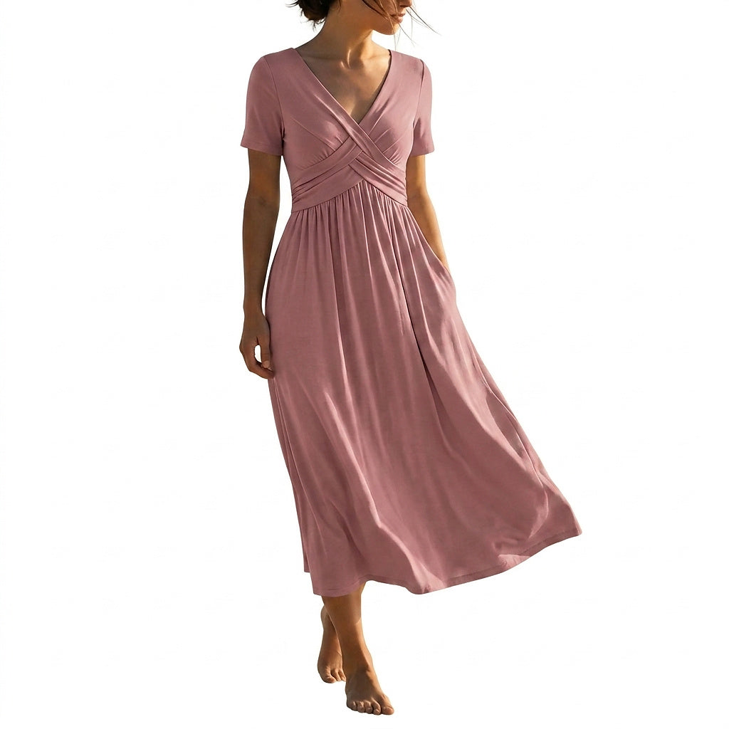 Damen-Midikleid mit V-Ausschnitt und Wickeloptik-Midi Dress-Alpenkind