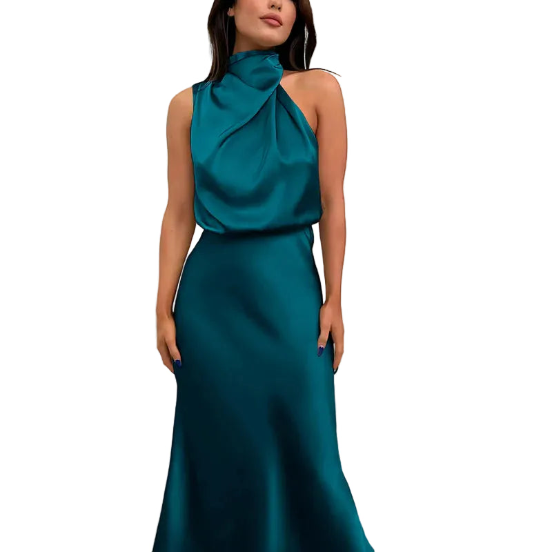 Damen Midikleid ohne Ärmel mit drapiertem Stehkragen-Midi Dress-Alpenkind