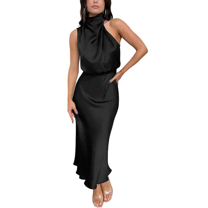 Damen Midikleid ohne Ärmel mit drapiertem Stehkragen-Midi Dress-Alpenkind