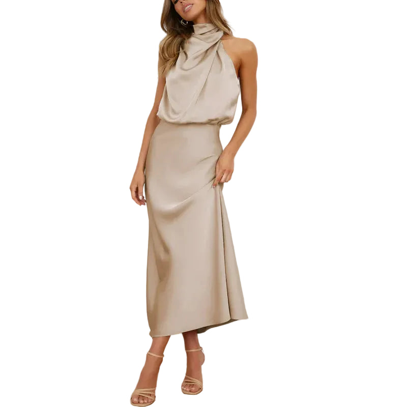 Damen Midikleid ohne Ärmel mit drapiertem Stehkragen-Midi Dress-Alpenkind