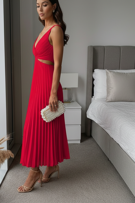 Damen Midikleid ohne Ärmel mit V-Ausschnitt und Taillenausschnitten