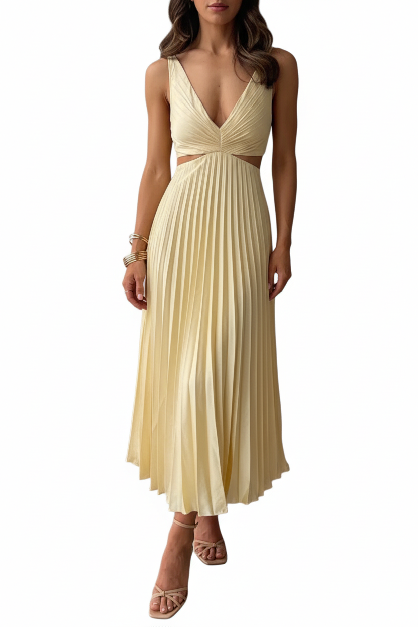 Damen Midikleid ohne Ärmel mit V-Ausschnitt und Taillenausschnitten