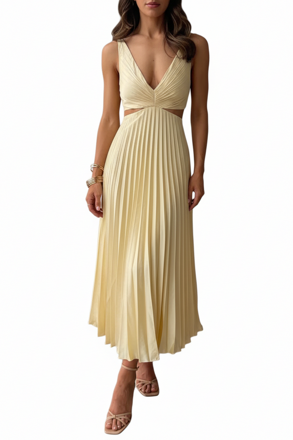 Damen Midikleid ohne Ärmel mit V-Ausschnitt und Taillenausschnitten-Midi Dress-Alpenkind