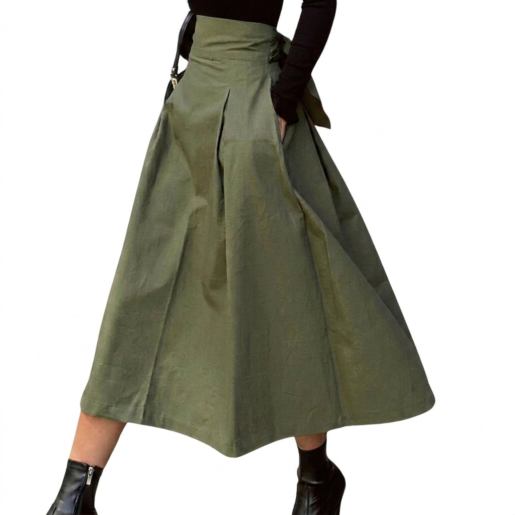 Damen-Midirock mit hohem Bund, Faltenlegung und Bindedetail-Skirt for women-Alpenkind