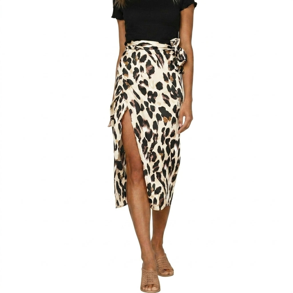 Damen-Midirock mit Tierprint, Seitenschlitz und Bindedetail-Skirt for women-Alpenkind
