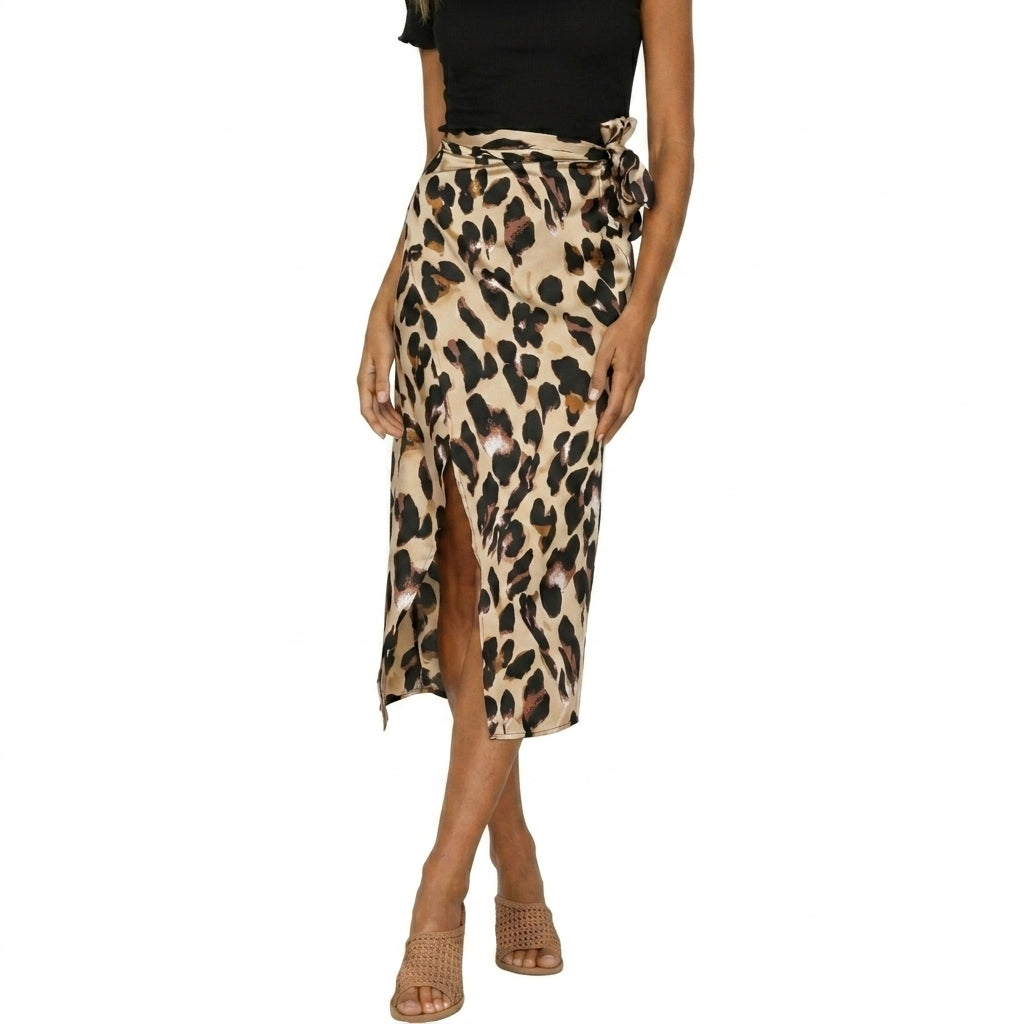 Damen-Midirock mit Tierprint, Seitenschlitz und Bindedetail-Skirt for women-Alpenkind