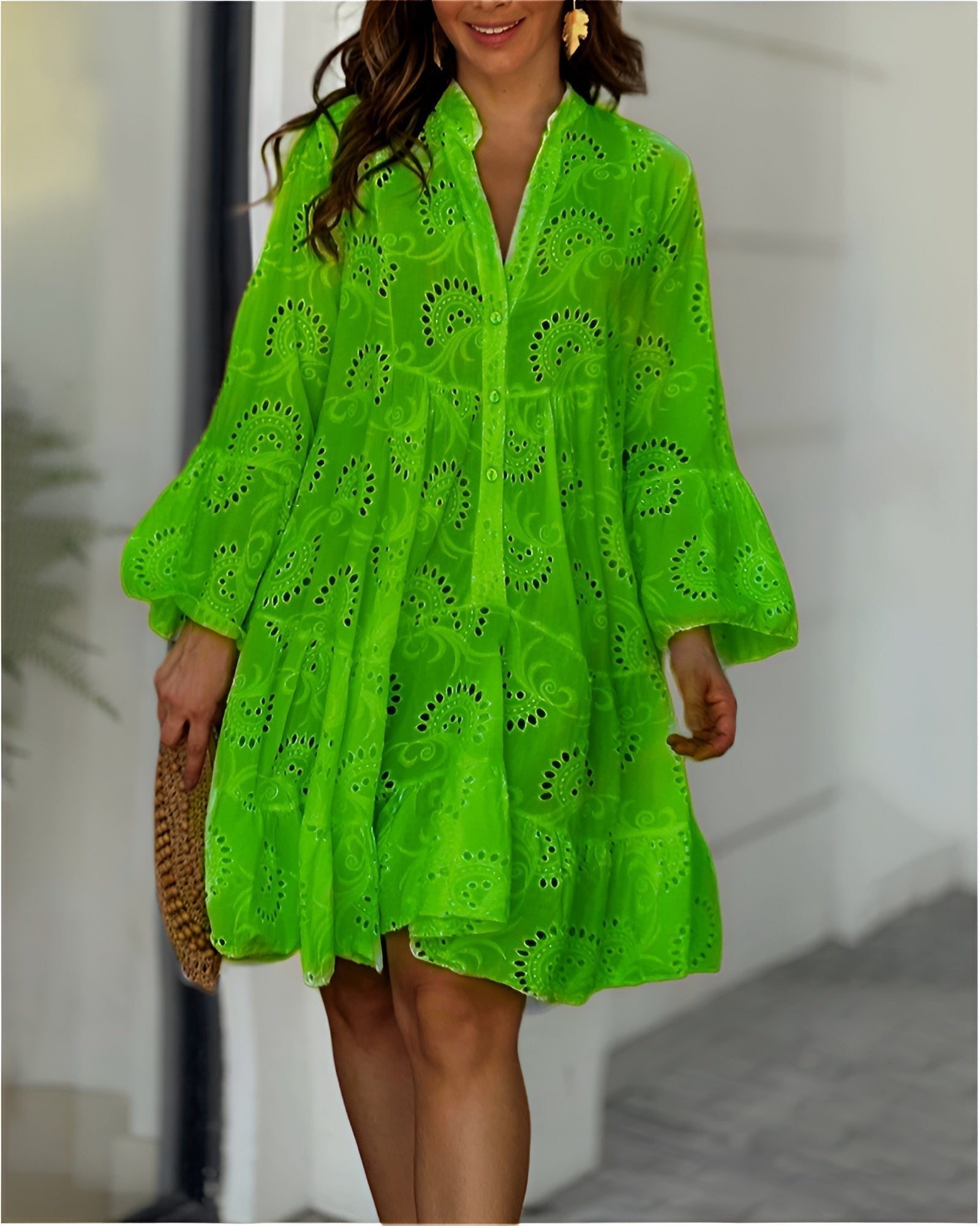 Damen Mini-Hemdblusenkleid mit Lochstickerei und Stufen-Mini Dress-Alpenkind