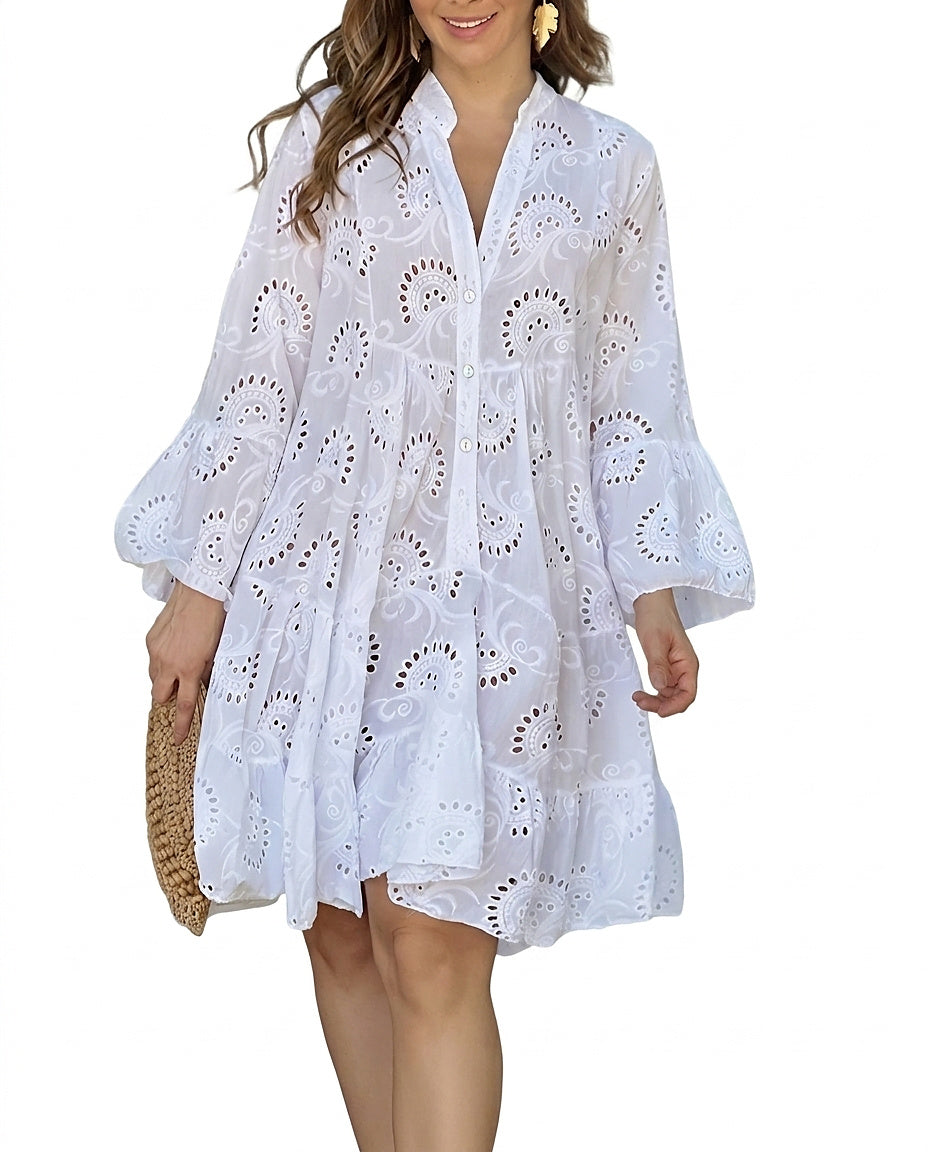Damen Mini-Hemdblusenkleid mit Lochstickerei und Stufen-Mini Dress-Alpenkind