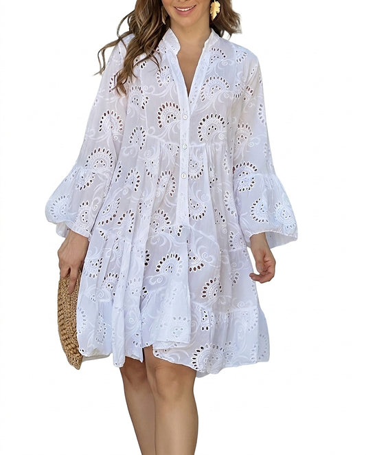 Damen Mini-Hemdblusenkleid mit Lochstickerei und Stufen-Mini Dress-Alpenkind