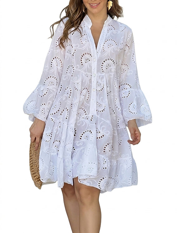 Damen Mini-Hemdblusenkleid mit Lochstickerei und Stufen-Mini Dress-Alpenkind