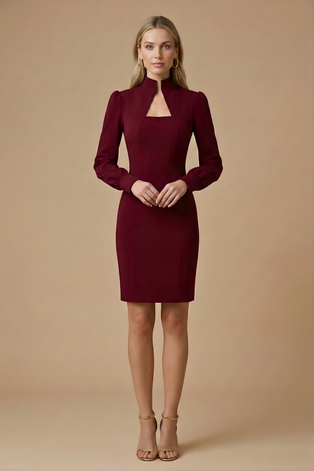 Damen Mini Kleid mit langen Ärmeln, Stehkragen und Ausschnittdetail-Mini Dress-Alpenkind