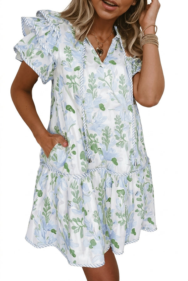 Damen Minikleid mit Blumenmuster und Rüschenärmeln-Midi Dress-Alpenkind
