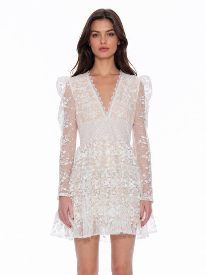 Damen-Minikleid mit floraler Spitze und V-Ausschnitt-Mini Dress-Alpenkind