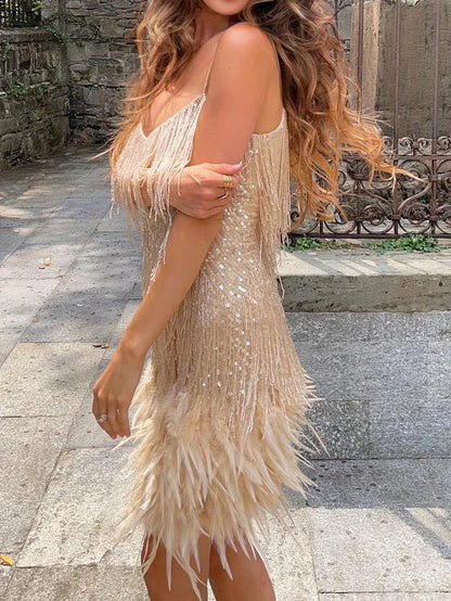 Damen Minikleid mit Fransen und Federbesatz