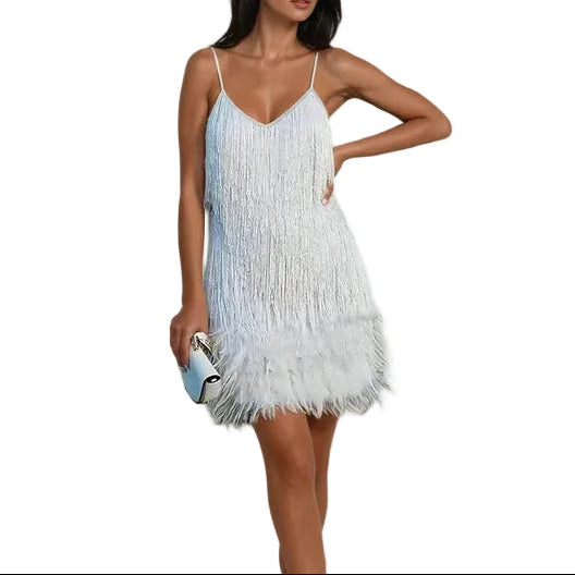 Damen Minikleid mit Fransen und Federbesatz-Mini Dress-Alpenkind