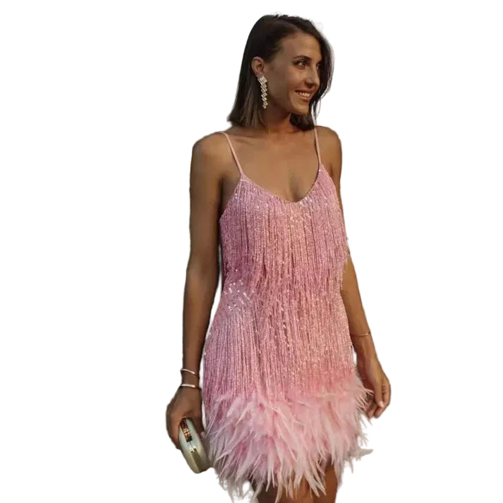 Damen Minikleid mit Fransen und Paillettenbesatz-Mini Dress-Alpenkind