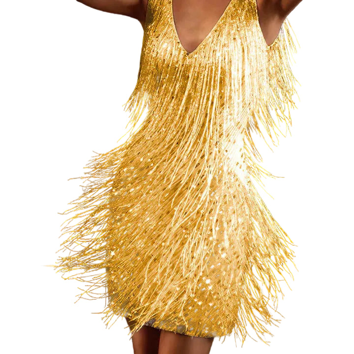 Damen-Minikleid mit Fransen und V-Ausschnitt-Mini Dress-Alpenkind