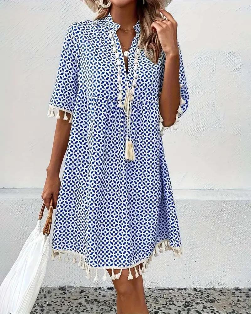 Damen Minikleid mit geometrischem Print und Quasten-Mini Dress-Alpenkind