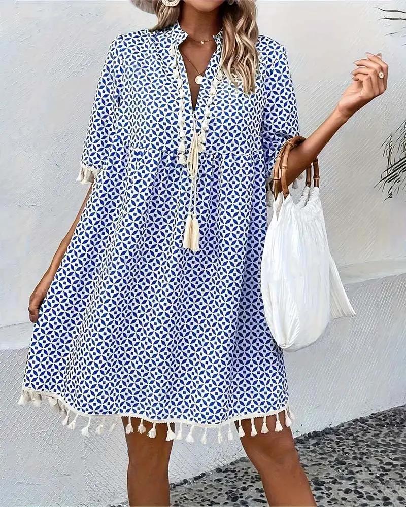 Damen Minikleid mit geometrischem Print und Quasten-Mini Dress-Alpenkind