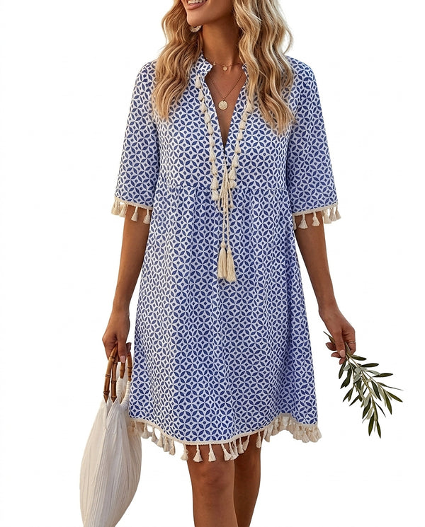 Damen Minikleid mit geometrischem Print und Quasten-Mini Dress-Alpenkind